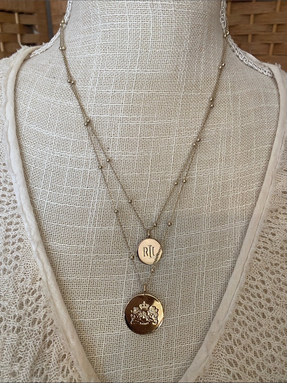 🎉 Ralph Lauren Gold Double Disc Pendant Necklace with Monogram and Crest